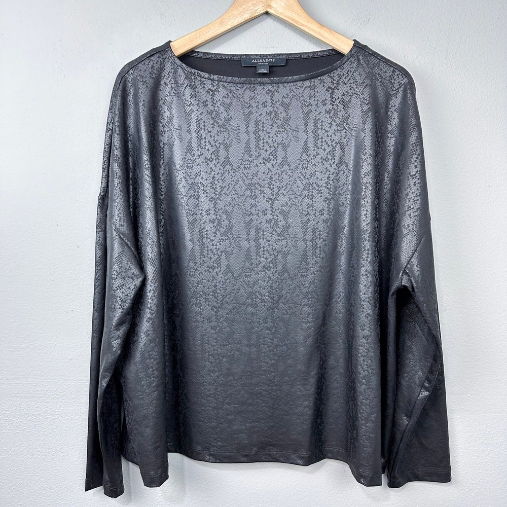 AllSaints Rita Snake Tee Womens Size M Black Snakeskin Metallic Long Sleeve Top